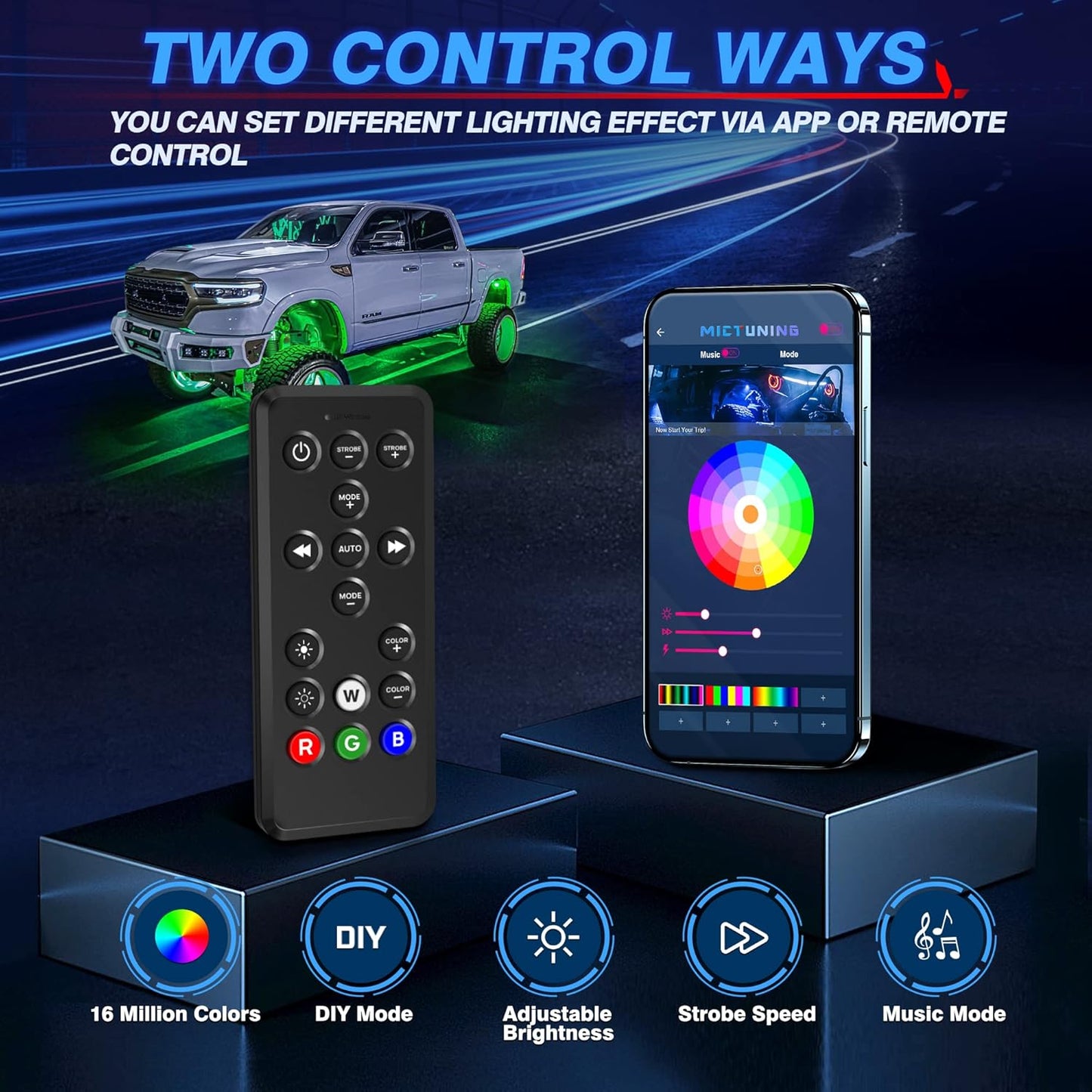 MICTUNING Q1 RGBW Rock Lights, 12 Pods Pure Color Underglow Neon Multicolor Lighting with Wiring Switch Kit, Bluetooth Controller, Remote Control, Music Mode for Trucks Car ATV UTV Golf Cart