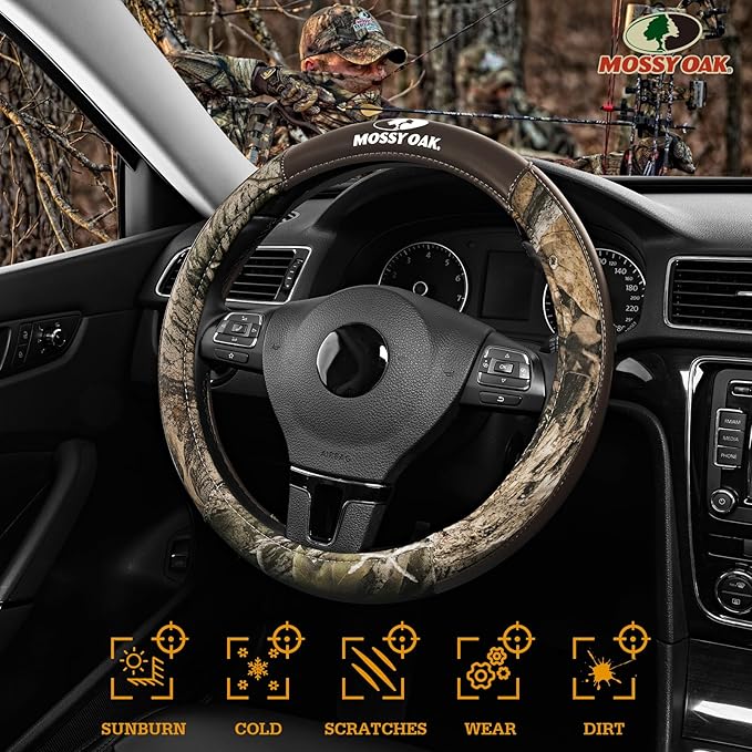 Mossy Oak Camo Steering Wheel Cover, Durable Grip Car Steering Cover, Universal Fit 14.5"–15.5" - Made with Premium Brown PVC Leather and Cotton Fabric, Anti-Slip - Official Licensed Product