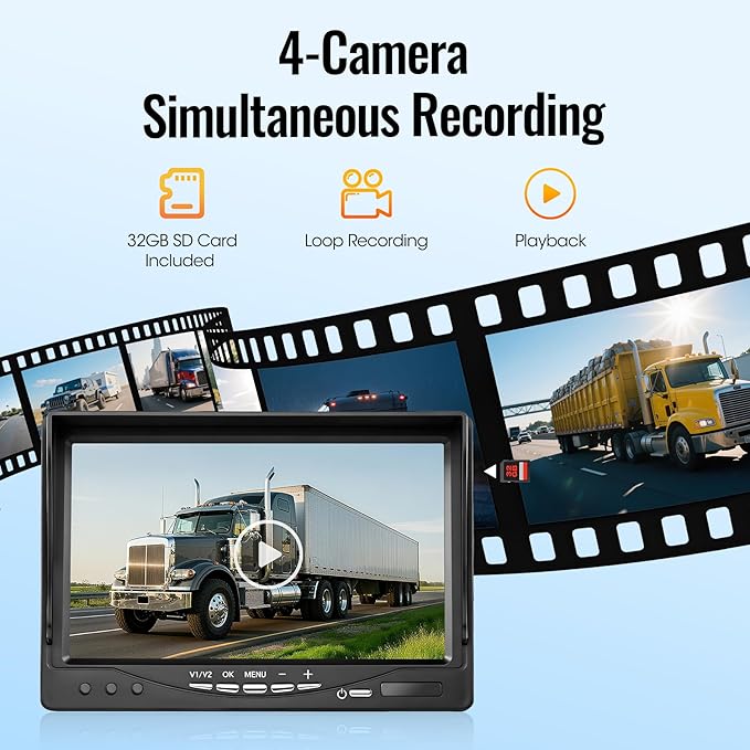 4-Wired Backup Camera System, 7" DVR Quad Screen Rear Side View Cameras, IP69 Waterproof IR Night Vision, 20G Vibration-Proof for Trailer/RV/Tractor/Combine/Skid Steer/Van/Heavy Equipment, Y2
