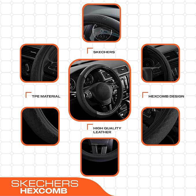 Skechers Steering Wheel Cover,Leather Steering Wheel Cover Hexcomb Design Embedded TPE Steering Wheel Universal Fit 14" 1/2-15" Car Wheel Protector for Men Women Fit Suvs,Vans,Sedans,Car,Trucks,Black