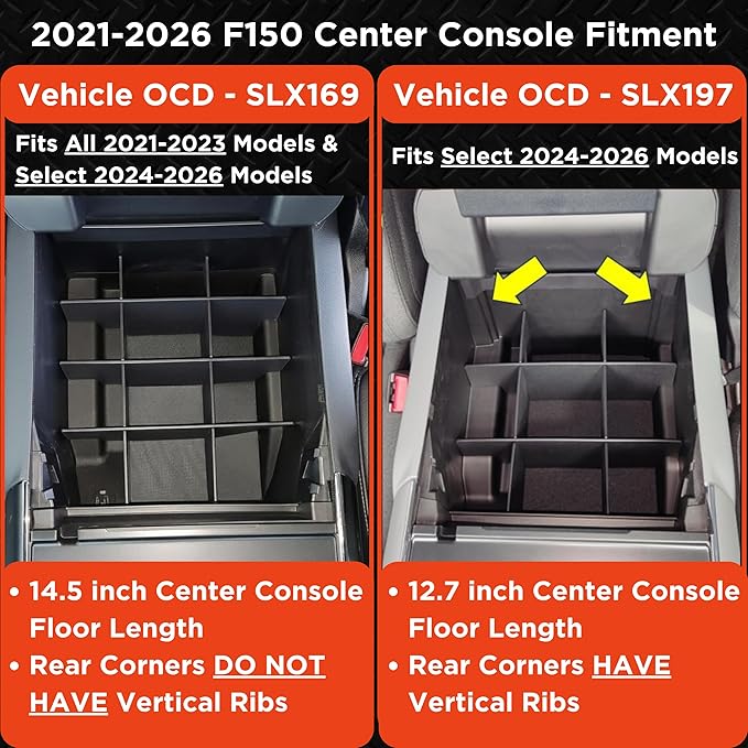 Vehicle OCD - Center Console Organizer for Ford F150 (2021-2026) (Full Console w/Bucket Seats ONLY) - Made in USA - Select 2024-2026 Models - SLX169