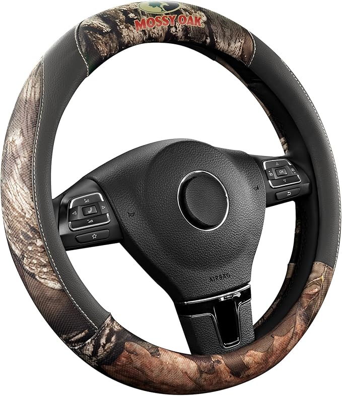 Mossy Oak Full Camo Steering Wheel Cover - Made from Premium Leather, Universal Fit for 14 1/2 to 15 inches - Official Licensed Product - Gray Color