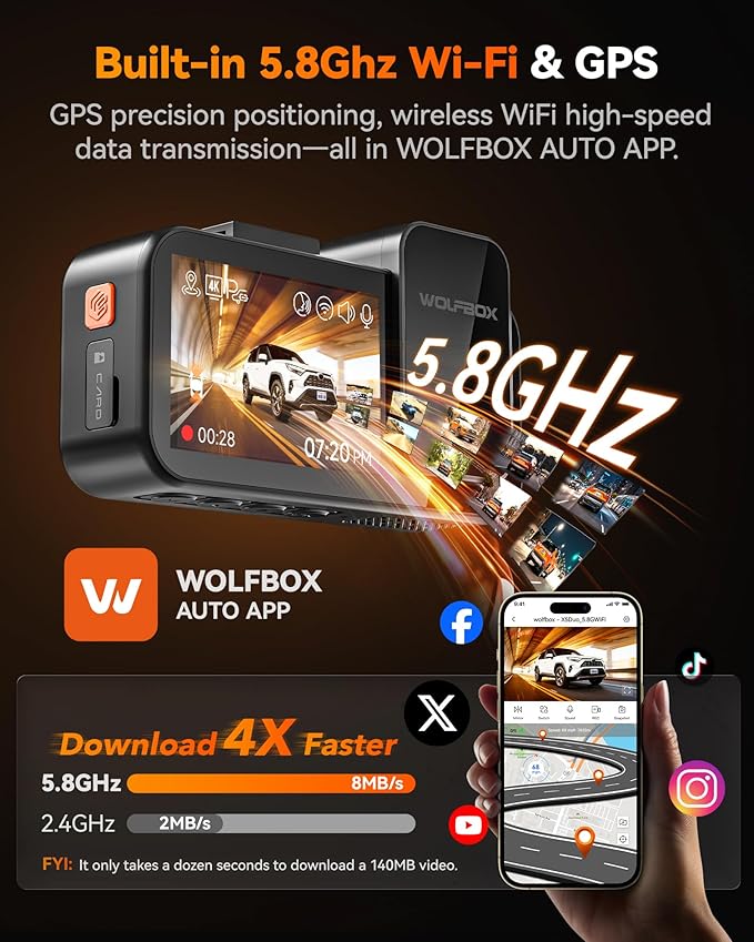 WOLFBOX X5 Duo 4K+2.5K Dash Cam Anti-Shake, 8MP STARVIS 2 IMX678 IMX675, Dual Car Camera Front and Rear, 5.8GHz Wi-Fi GPS, Included 64GB Card, Voice Control, Touch Screen, Parking Mode
