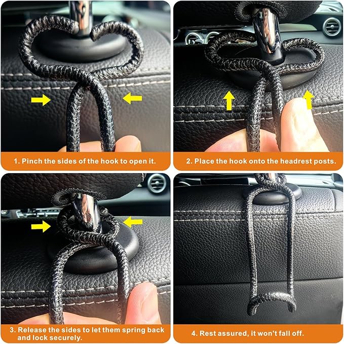 Idefair Car Headrest Hooks, 4 Pack Universal Car Hooks for Bag Purse Groceries, Heavy Duty Car Seat Back Storage Organizers Holds Up to 60LBS/Per Hook - Black Leather/2S+2L