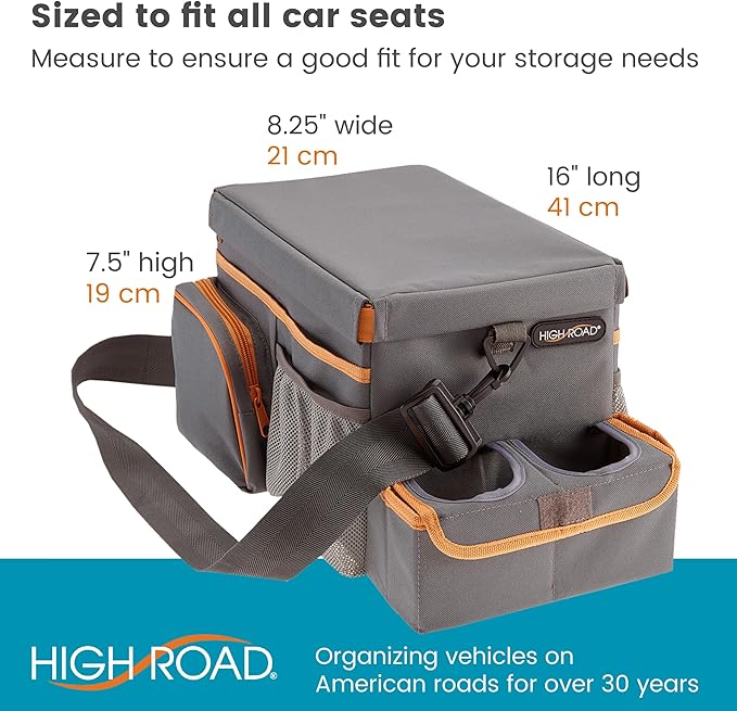 High Road CarHop Car Seat Organizer for Kids and Adults with Cup Holder Tray, Side Pockets and Cooler Compartment (Medium, Gray)