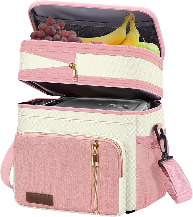 MIYCOO Lunch Bag & Lunch Box for Women Men, Double Deck Leakproof Insulated Soft Large Adult Camping Cooler bag for Work, Beach, Picnic, Travel (Pink White, 15L)