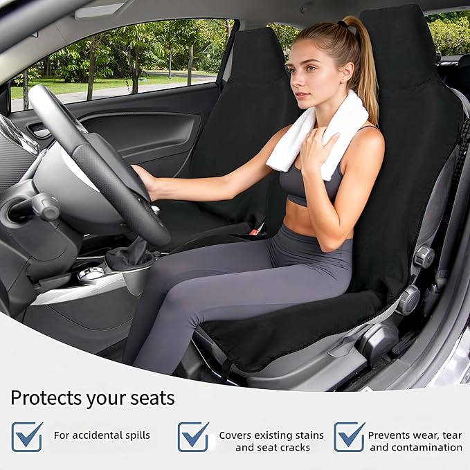 Car Seat Covers, 2PCS Premium Auto Seat Towel Fit Cars SUV Trucks, Ideal Gift for Active People Who Work Sweat Swim Run Beach, Black
