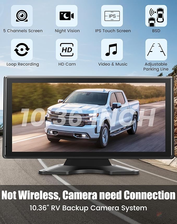 10.36" Wired Backup Camera System for Truck RV Trailer, 5 Channel Dash Cam with 5 1080P Cameras, Touch Screen Monitor, No Delay Signal, DVR Loop Recording, Smart BSD Alerts, IP69 Waterproof, 64GB