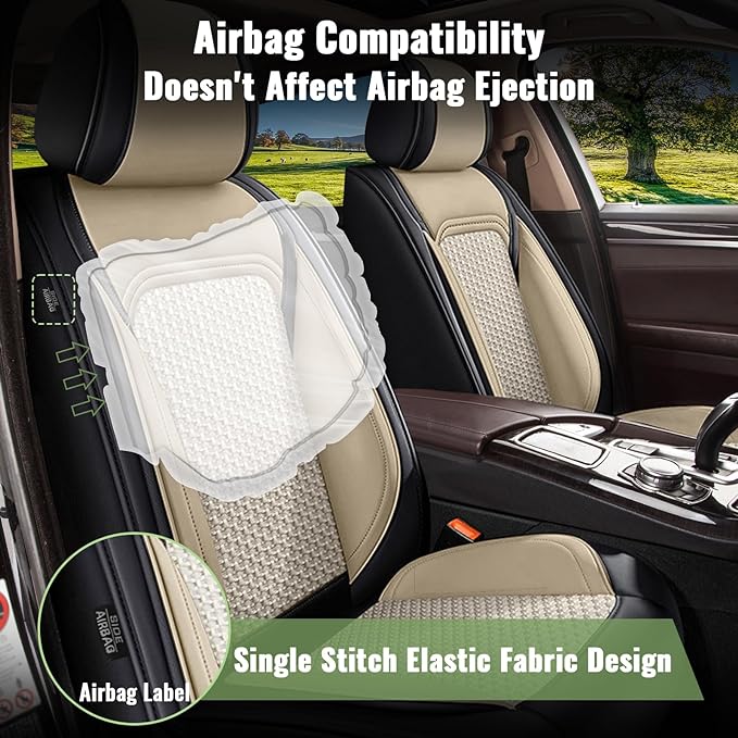 Car Seat Covers Full Set for Nissan Maxima 2011-2025 2026 - Breathable Cooling Ice Silk Leather Seat Cover - 5 Seats for Nissan Maxima Accessories (Black&Beige)
