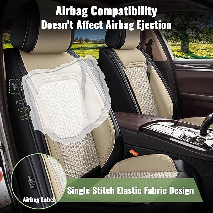 Full Set Car Seat Covers for Subaru Outback 2010-2025 2026 - Breathable Cool Ice Silk Leather Seat Covers - 5 Seats for Subaru Outback Accessories - Black&Beige