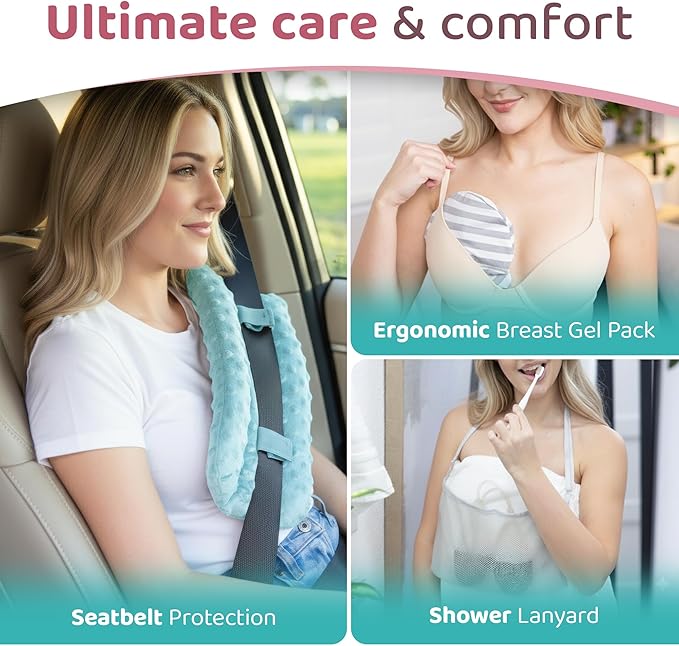 Zomaple Mastectomy Recovery Pillow with Strap, Swirly Gel Pack, Seat Belt Cover & Shower Lan – Post Mastectomy Must Haves, Breast Augmentation/Reduction & Mastectomy Recovery Supplies – Washable Cover