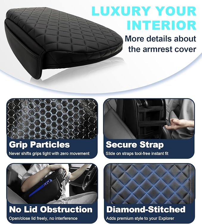 Center Console Cover for Ford Explorer Arm Rest Lid, Diamond Quilted Armrest Pad with 1-Inch Comfort Lift (2011-2019)