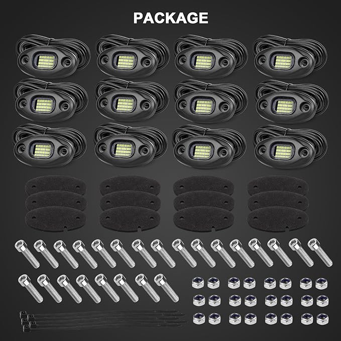Rock Lights with 15FT Wire Extender, Aluminum Case, 24Chip High Power 6000k Pure White, Waterproof IP68 Underglow Lights for Trucks Jeep UTV ATV(12 PCS)