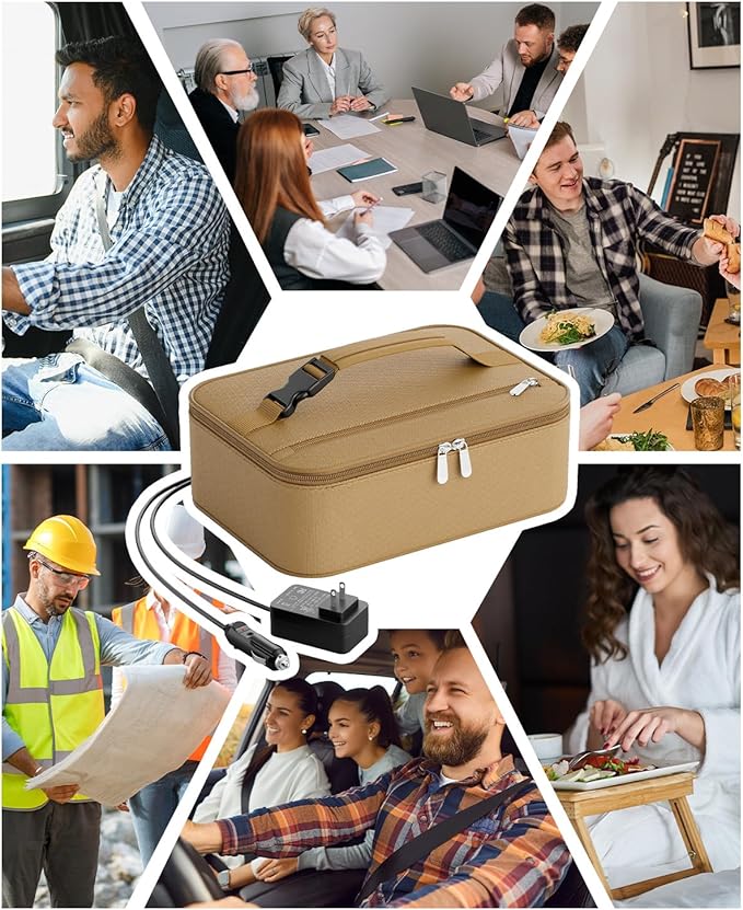 Portable Food Warmer - Heated Lunch Box for Adluts - Electric Thermal Lunch Bag with Buckle Handle, Heating Food Warmer Bags for 12V/24V Car & Truck, 110V/220V Home/Office, Khaki