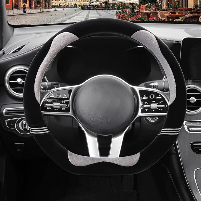 Furry Cute D Shaped Steering Wheel Cover, Soft Fluffy Short Plush Auto Accessories, Non-Slip Cold-Proof Sweat-Proof Colorfast, Universal 15 inch(Black with Gray)
