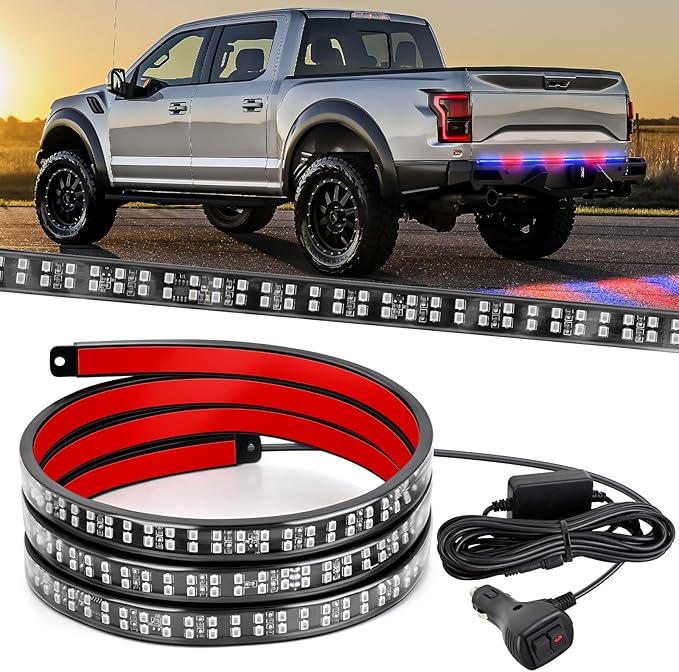 Nilight 60 Inch Truck Tailgate Strobe Light Strip Tail Emergency Bar Rear Window Warning Lamp Ultra-Bright Double Row 360 LED for Pickup Trailers Construction Vehicles Car SUV, Red Blue