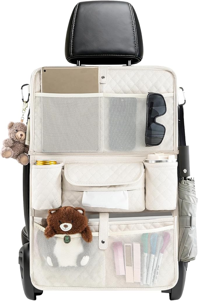 Car Backseat Organizers 2 Pack with Foldable Trays - PU Leather Back Seat Organizers with 11 Storage Pockets, Tablet Holders, Seat Back Protectors for Kids Family Travel Accessories (Beige)