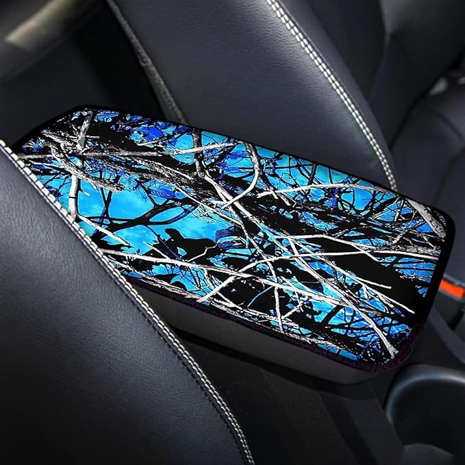 JEOCODY Blue Camo Hunting Car Armrest Pad Soft Center Console Arm Rest Mat Cover Universal Fit Soft Comfort Center Console Armrest Cushion for Car Interior Accessories Decoration
