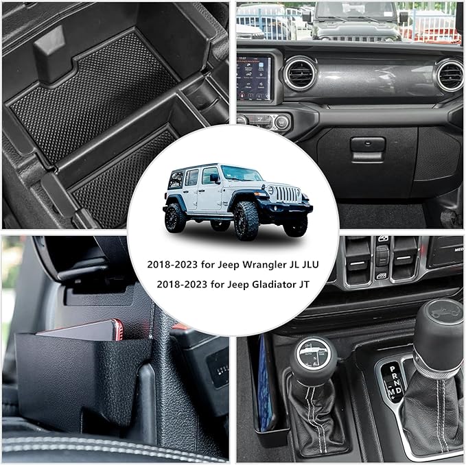 4PCS Center Console Organizer Storage Box Fits 2018-2023 for Jeep Wrangler JL JLU & Gladiator JT Gear Shift Console Tray Organizer, Hanging Armrest Storage Box, Co-Pilot Organizer