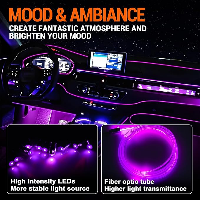 Interior Car LED Strip Lights, RGB 10-in-1 16 Million Colors Ambient Lighting Kit with 470 inches Fiber Optic Wireless APP & Remote Control Music Sync