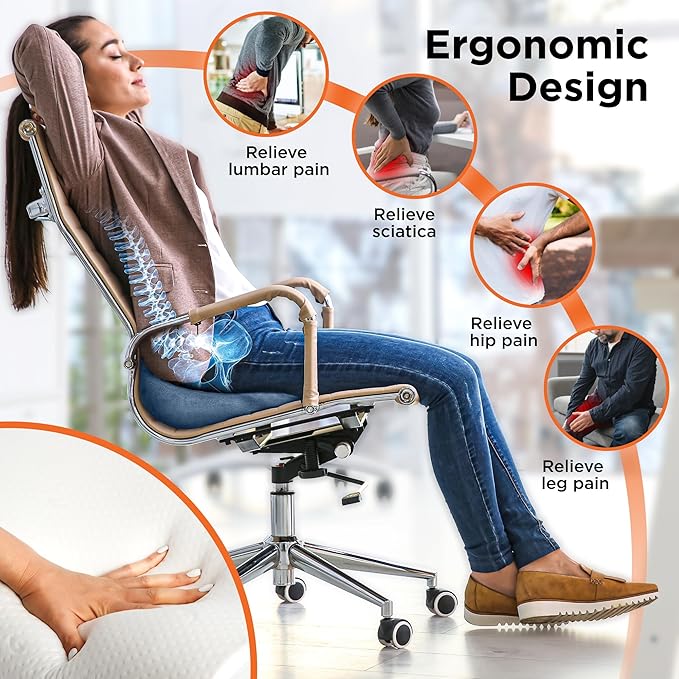 BLACK+DECKER High Back Tailbone Seat Cushion – Memory Foam Chair Cushion for Office, Car, Wheelchair & Airplane – Ergonomic, Non Slip, Breathable Mesh, Sciatic Pain Relief, Washable Cover, Blue