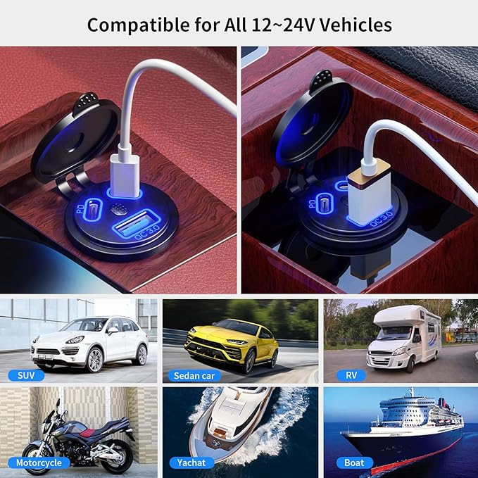 Kewig 12V USB Outlet Car Charge, 108W Super Fast Dual PD3.0 & QC3.0 3-Port Multiple Port for Car, USB C Cigarette Lighter Replacement 12 Volt Socket Waterproof for Marine Motorcycle RV Golf Cart