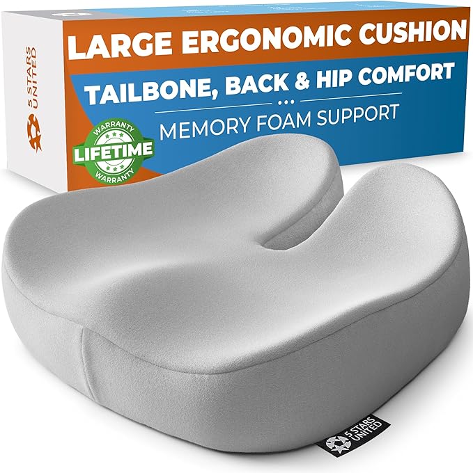 5 STARS UNITED Seat Cushion - Memory Foam Chair Cushion for Tailbone Pain Relief - Ergonomic Support for Coccyx, Sciatica & Butt - Office, Desk & Gaming Chair, Car Seat, Wheelchair, Light Gray Suede