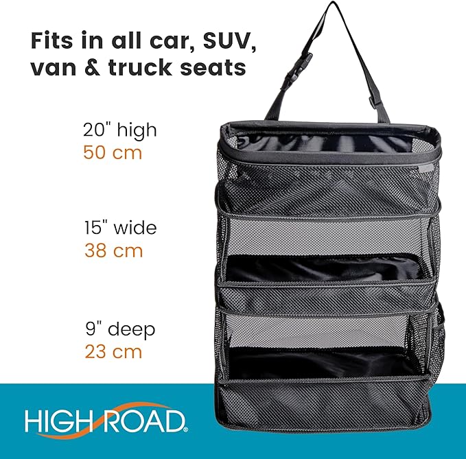 High Road Car Storage and Organization Caddy - SUV Trunk Organizer, Passenger Seat Organizer or Back Seat Storage Caddy With 3 Easy-View Mesh Bins