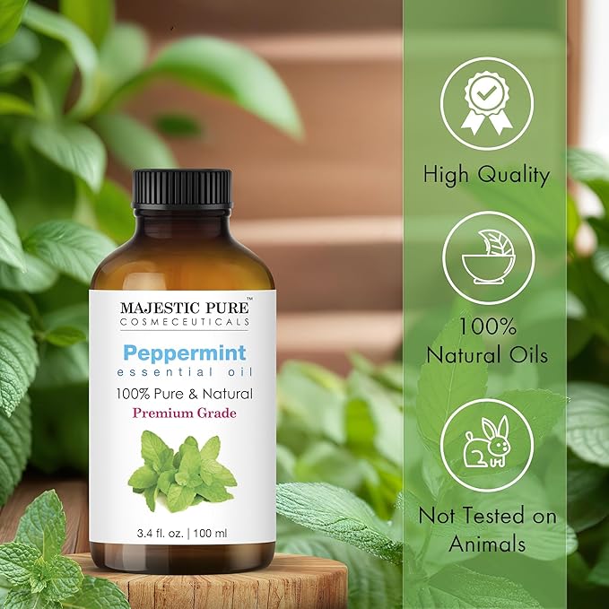 Majestic Pure Essential Oil with Glass Dropper - 100% Pure and Natural - Essential Oils for Diffuser, Aromatherapy, Soap and Candle Making, Peppermint Essential Oil, Peppermint Oil, 3.4 Fl Oz