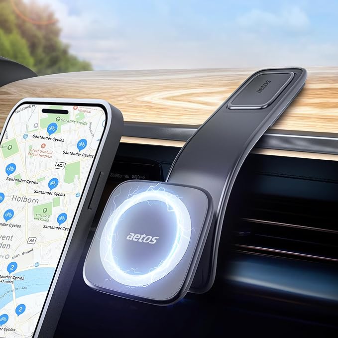 aetos for iPhone MagSafe Car Mount Phone Holder Fits iPhone 17/16/15/14/13/12 Pro/Plus/Max and Android Phones with Ring Adaptor. 360° Rotating Head & Bendable Alloy Arm for a Simplicity Modern Design