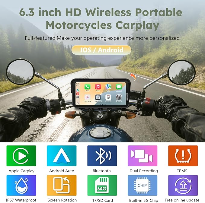 Carpuride W603DT for Motorcycle CarPlay & Android Auto & TPMS - HD1080p Dash Cam, 6.3-inch Waterproof Rotatable Touchscreen for Navigation, Bluetooth, Loop Recording, Wired Controller