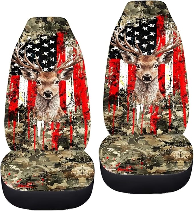 ELEQIN Deer American Flag Front Car Seat Covers 2pc, Sunflower Automotive Seat Covers Car Accessories Universal Size Fit for Most Cars,SUVs&Trucks&Vans