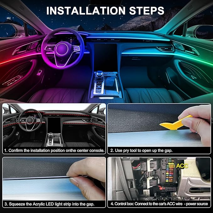 Dreamcolor Acrylic Interior Car LED Strip Light with Wireless APP, RGB 6 in 1 with 175 inches 593 LEDs Fiber Optic Strip Lights for Car, Music Sync Neon Car Ambient Neon Lighting Kits