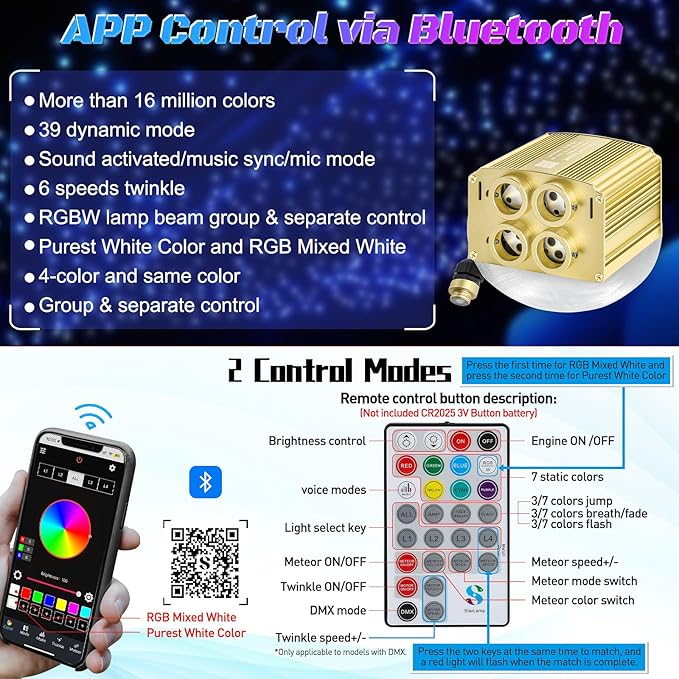 4 Colors 32W Twinkle Car Starlight Headliner Kit 600pcs*0.03in*13.1ft with APP&RF Remote, RGBW Fiber Optic Ceiling Star Lights, 4 Port Engine Sound Activated Star Roof Lights for Car Home Theater