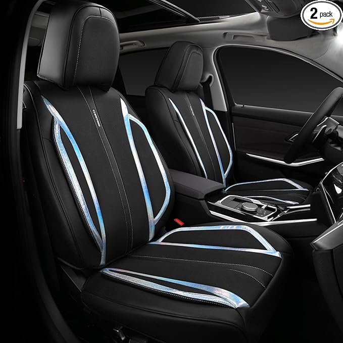 CAR PASS Nappa Leather Holographic Laser Car Seat Covers Front Seats Only Cushioned, Waterproof Waist Protector Universal fit for SUV Truck Pickup Luxury Stylish Elegant for Women Black Silver Strips