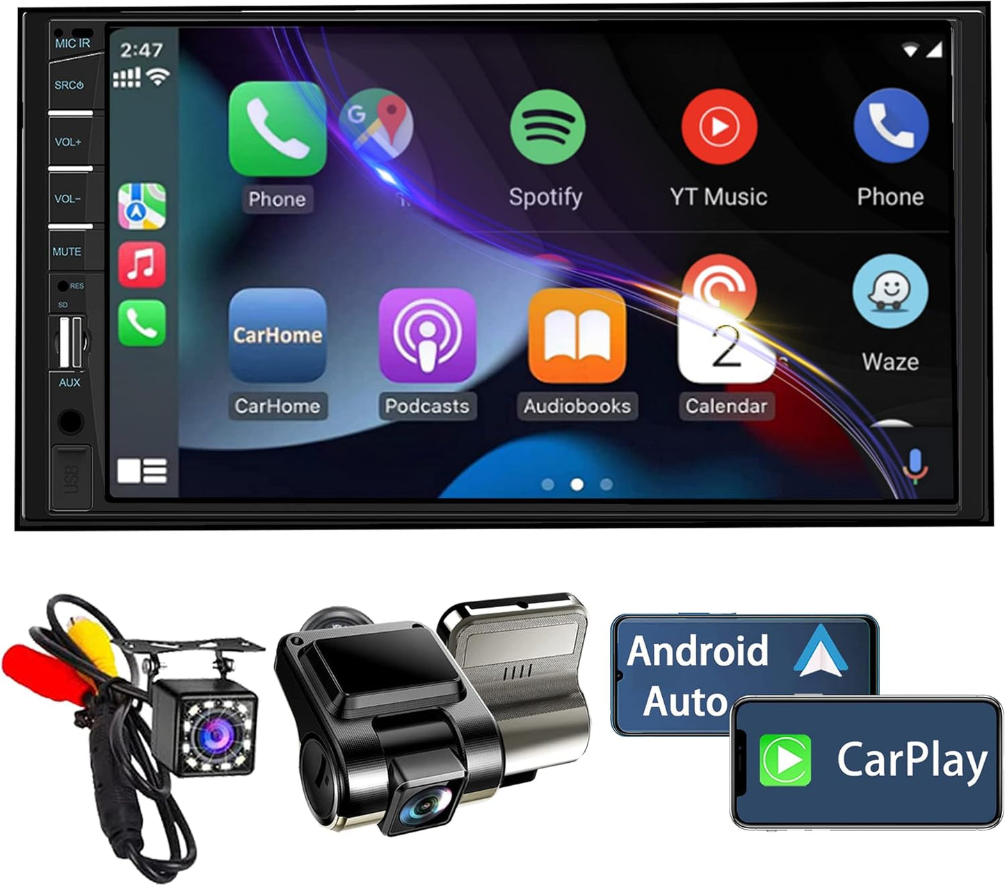 Naifay Double Din Car Stereo with Dash Cam | 7INCH Touchscreen Car Radio Receivers Support with Apple Carplay & Android Auto, Bluetooth, Backup Camera, Mirror Link, Voice Control, SWC, FM/USB/TF/AUX