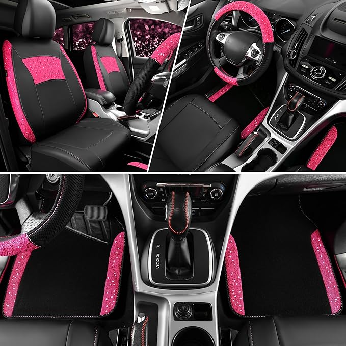 CAR PASS Universal Leather Pink Lace Car Seat Covers Full Set for Women Girls, Waterproof Car Floor Mats Carpet, Steering Wheel Cover for Car Accessories Interior Sets 10PCS Included