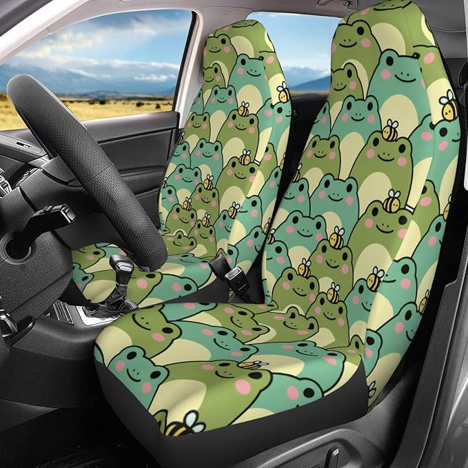 Delerain Car Seat Covers Set 2Pcs, Cute Chubby Frog Universal Front Car Seats Vehicle Enterior Protector Suitable Fits Most Car Auto SUV Sedan Truck