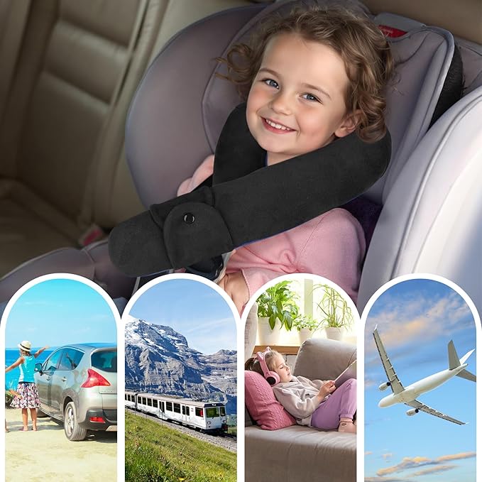 Kids Travel Neck Pillow, Toddler Travel Pillow for Car & Airplane and Head & Chin Support, Comfortably Travel Neck Pillow for Road Trip Sleeping, Gifts for Toddler/Child/Kids (Black & Light Blue)