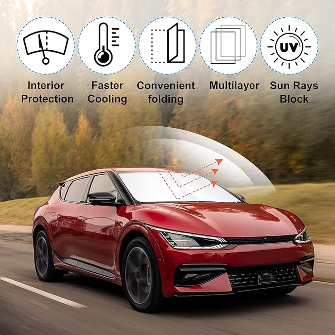 Windshield Sun Shade Custom Fit for 2022 2023 2024 2025 2026 Kia EV6 Accessories Foldable Sunshade Sun Blocker Protect Car from Sun Rays & Heat Damage Keep Car Cooler