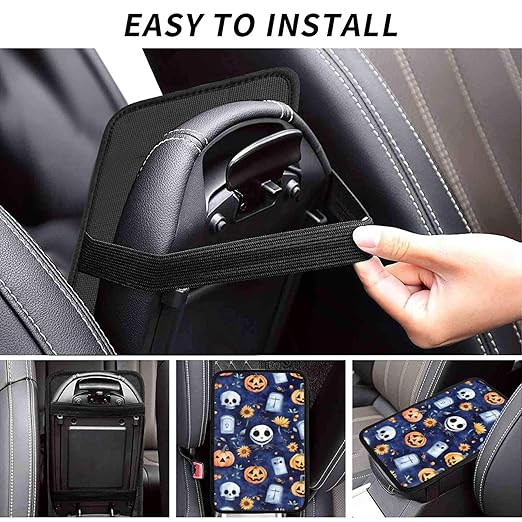 Skull Skellington Halloween Pumpkins Sunflowers Car Auto Armrest Cushion Cover Accessories Center Console Seat Box Pad Protector Universal Decoration for Most Vehicle SUV Truck