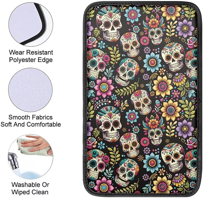 Dreaweet Hippie Flower and Skull Print Center Console Cover for Car Comfy Anti Scratch Armrest Cover Cushion Pad Universal Car Arm Rest Cover for SUV Truck Van