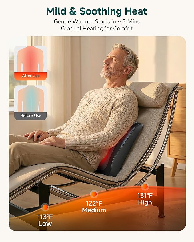Snailax Back Massager with Heat – 3D Shiatsu Massage Pillow for Neck & Back, Fixed Kneading Nodes, Chair & Sofa Use, Gift for Mom, Dad, Women & Men