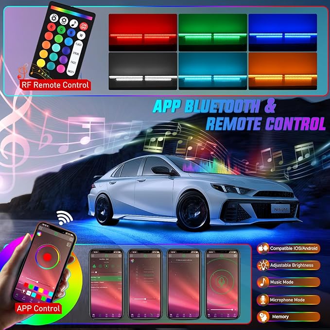 Nilight 4Pcs RGBW Aluminum Underglow Neon Accent Strip Lights 252LEDs Door Assist Multi Color DIY Sound Active Function Music Mode with APP and Remote Control Underbody Light Strips for Car Truck RV
