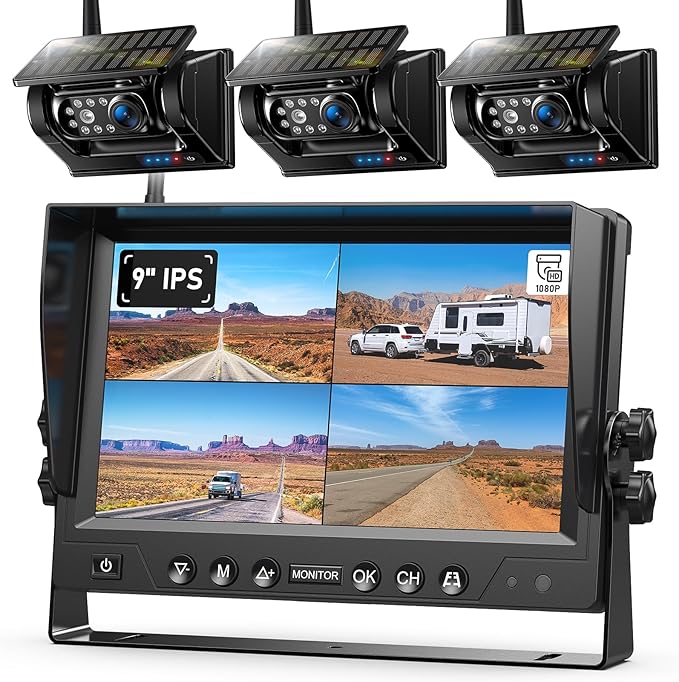 ZEROXCLUB 3 Magnetic Solar Wireless Backup Camera System, Quad RV Rearview Backup Cameras Wireless System with HD1080P 9 Inch DVR Monitor for Trailer RV Trucks, Built-in 9600mAh Solar Battery, BL903