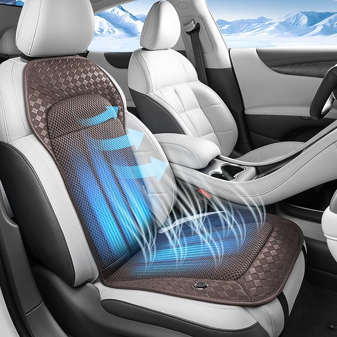 Coverado Summer Cooling Car Seat Cushion, 12V-24V Dual Blowing & Suction Ventilated Pad with 8 Turbo Fans, 3-Speed Adjustable Universal Fit for Hot Weather Car, SUV, Truck & Van-Brown