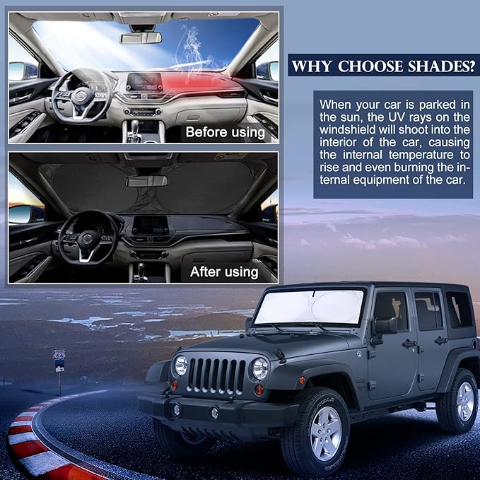 Sunshade Sun Shade for 2018-2024 2025 Jeep Wrangler JL JLu JK JKU Windshield Cover Custom Fit 2020-2025 2026 Jeep Gladiator Front Window Shields Protector 210T Reflective Blocks UV Rays Keep Cool