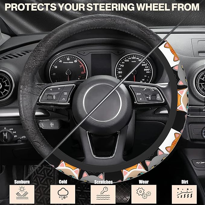 Cartoon Lovely Cats Steering Wheel Covers Universal 15 Inch Car Wheel Cover,Anti-Slip Breathable Car Accessories Protector Fit for Trucks,Sedans,SUVs,Vans
