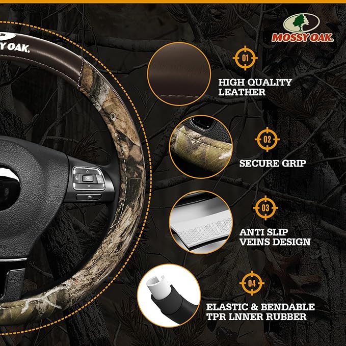 Mossy Oak Camo Steering Wheel Cover, Durable Grip Car Steering Cover, Universal Fit 14.5"–15.5" - Made with Premium Brown PVC Leather and Cotton Fabric, Anti-Slip - Official Licensed Product