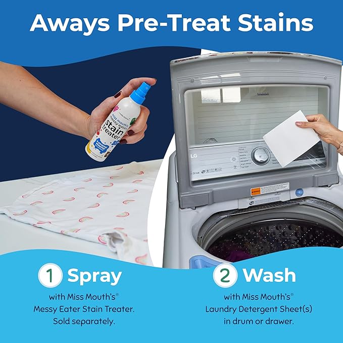 Miss Mouth’s Messy Eater Stain Treater Stain & Suds Duo Pack - 3 Pack Spray and 30 Pack Detergent Sheet bundle - Newborn & Baby Essentials - Food, Grease, Coffee Off Laundry, Underwear, Fabric